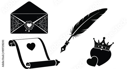 Black silhouettes of love letter feather quill crowned heart and scroll with heart on white background for valentine's day or romantic concepts