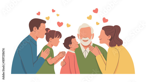 Happy Family Surrounding Elderly Man Smiling.