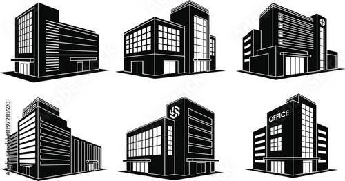Set of Six Minimalist Black Office Building Silhouettes Representing Modern Commercial Architecture Corporate Real Estate Urban Workplaces Business Centers and Downtown Towers