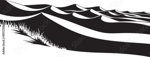 Black and white desert landscape with sand dunes illustration
