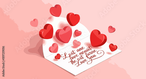 Romantic greeting card with floating hearts and heartfelt message on a soft pink background from a top-down viewpoint