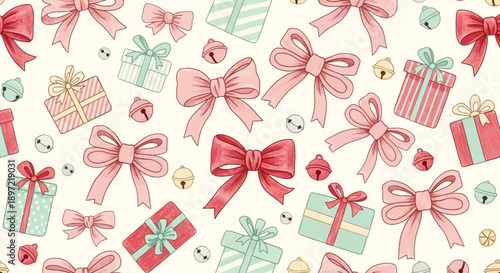 christmas seamless pattern with watercolor bows gift boxes and jingle bells ideal for holiday celebration wrapping paper and backgrounds.