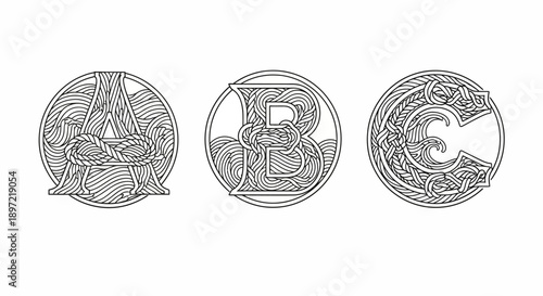 line art decorative initial letters a b c featuring nautical knots and celtic braids within circular designs for elegant branding.