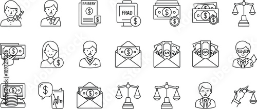 Set of finance and legal outline icons including money envelopes, contracts, fraud, justice scales, business people, and banking symbols, line vector illustrations