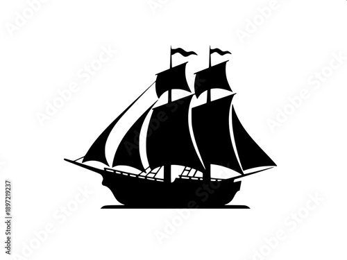 Minimal black silhouette sailboat on calm water, fisherman sitting inside small boat, large sail, crescent moon in sky with flying birds, flat vector, white background