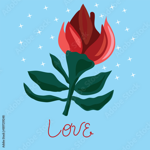 Hand drawn red flower with sparkles and love hand lettering, love card. Valentine day rose card.