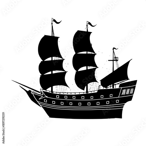Minimal black silhouette sailboat on calm water, fisherman sitting inside small boat, large sail, crescent moon in sky with flying birds, flat vector, white background