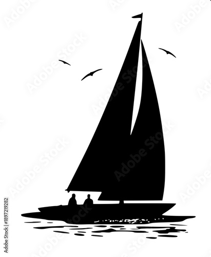 Minimal black silhouette sailboat on calm water, fisherman sitting inside small boat, large sail, crescent moon in sky with flying birds, flat vector, white background