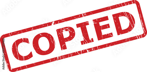 Distressed red rubber stamp mark showing the word COPIED prominently positioned against a pristine white backdrop