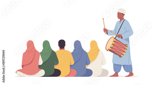 Man playing drum for praying people.