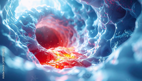 3D medical illustration of an inflamed blood vessel showing cellular inflammation and vascular disease inside the human body.