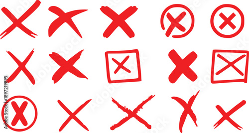 Collection of diverse hand-drawn red cross marks and x symbols in various brushstroke styles vector set