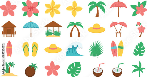 Set of tropical summer vacation icons including palm trees, flowers, beach umbrellas, surfboards, waves, and coconut drinks, colorful cartoon vector illustrations