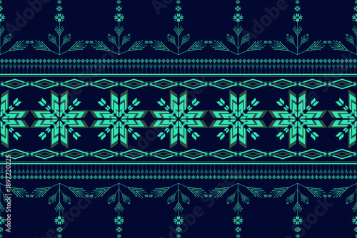 Intricate mint green ethnic border seamless pattern, geometric star and floral tribal motif on dark background for textile.