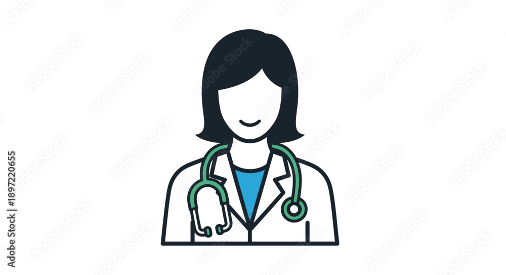 Fototapeta premium A smiling female doctor with a stethoscope around her neck and a lab coat on a plain white background in a simple line drawing style.