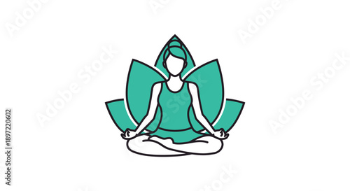 Illustration of a meditating woman in a green outfit sitting in a lotus position on a white background with a simple line drawing style.