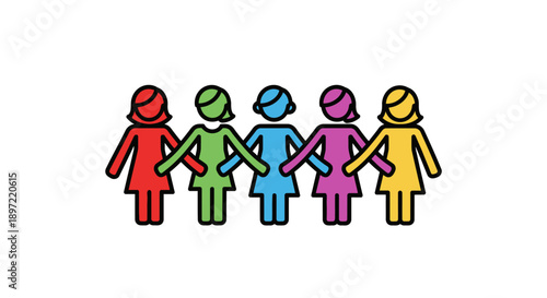 A colorful illustration of five diverse people holding hands in a line against a plain white background with a vibrant and united mood.