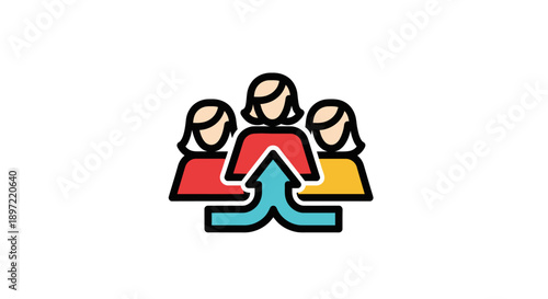 Simple illustration of three people collaborating over a document in a stylized, colorful flat design.