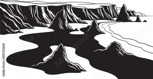 Black and white illustration of mountainous landscape with river
