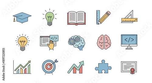 Education and Technology Icons: Brain, Lightbulb, Graduation Cap, Book, Code, Puzzle, Chart