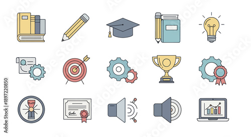 Education and Success Icons: Books, Graduation Cap, Trophy, Target, Lightbulb, Laptop