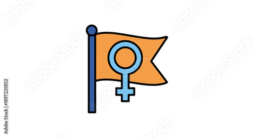 Illustration of a waving orange flag with a blue female symbol on a white background, using simple lines and bold colors.
