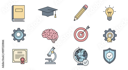 Education and Knowledge Icons: Book, Graduation Cap, Brain, Lightbulb, Microscope, Globe