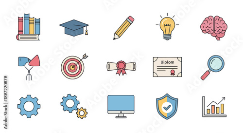 Education and Learning Icons: Books, Graduation Cap, Lightbulb, Brain, Diploma, Magnifying Glass