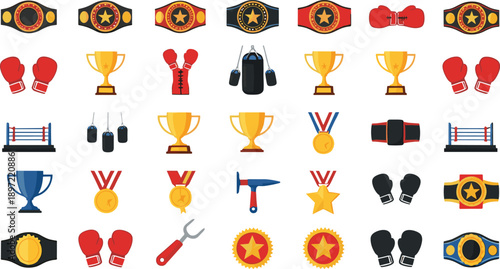 Set of boxing and championship icons including belts, gloves, trophies, medals, rings, and training equipment, colorful cartoon vector illustrations for sports design