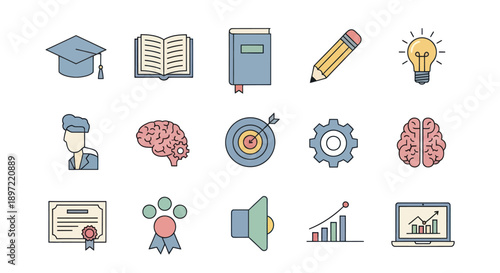 Education Icons: Graduation Cap, Book, Brain, Lightbulb, Certificate, Laptop, Gear, Target