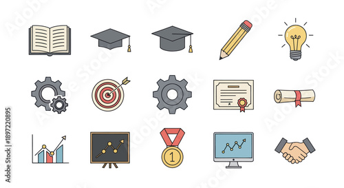 Education and Business Icons: Graduation Caps, Books, Lightbulb, Gears, Diploma, Chart, Target