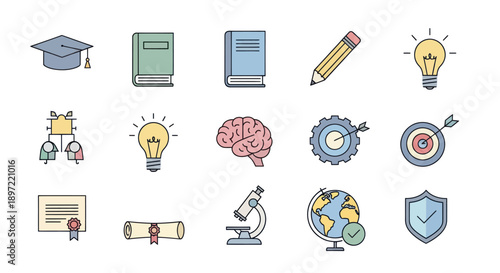 Education and Learning Icons: Graduation Cap, Books, Brain, Lightbulb, Microscope, Globe