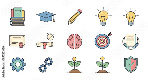 Education, Brainstorming, Goals, and Success Icons Set