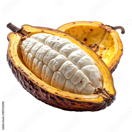 Cut open cacao fruit showing white seeds, against black background
