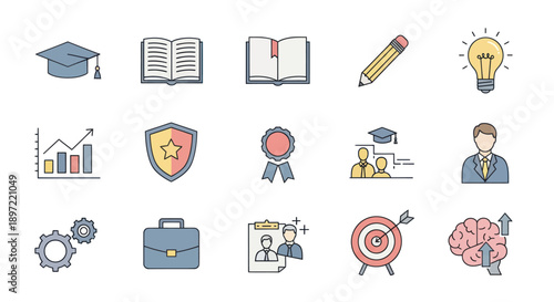 Education and Success Icons: Graduation Cap, Book, Pencil, Lightbulb, Brain, Target