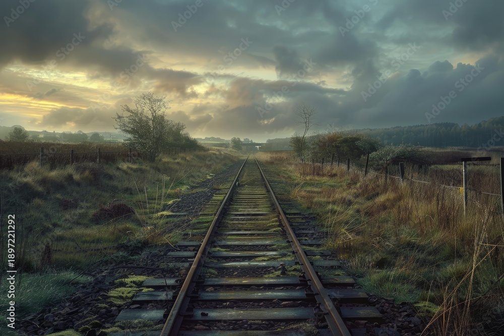 Fototapeta premium Rusty railway track disappearing into a misty landscape at dawn, promising adventure and exploration