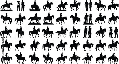 Big set of black silhouettes of cowboys riding horses and standing, vector illustration of western riders isolated on white background, american west