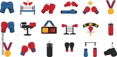 Set of boxing and combat sports equipment icons including gloves, belts, trophies, ring, helmets, and training gear, colorful cartoon vector illustrations