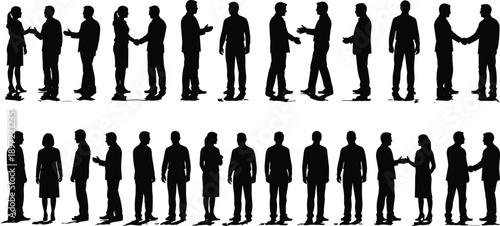 Big set of business people silhouettes shaking hands and talking, vector illustration of corporate meeting isolated on white background, partnership concept