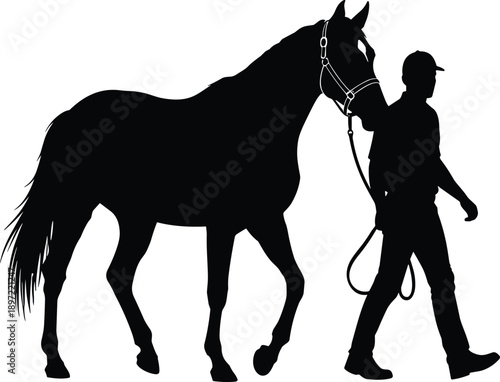 Black silhouette of man walking with horse on lead rope, vector illustration of equestrian owner and stallion isolated on white background, ranch