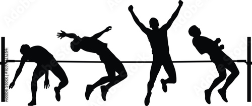 Black silhouettes of high jump athletes jumping over bar, vector illustration of track and field sport competition, men jumping, isolated on white background, athletic action