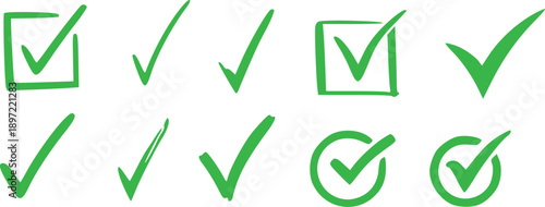 A collection of hand-drawn green checkmark icons in various styles representing approval and completion vector set