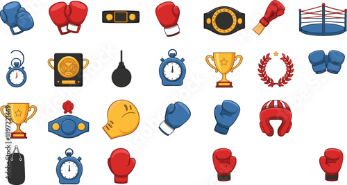 Set of boxing and combat sports equipment icons including gloves, belts, trophies, ring, helmets, and training gear, colorful cartoon vector illustrations
