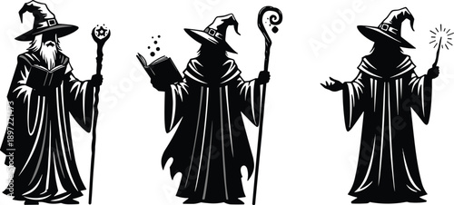 Three mystical wizard silhouettes holding staff spellbook and wand, fantasy sorcerer mage figures in black cloak, magical illustration isolated on white background