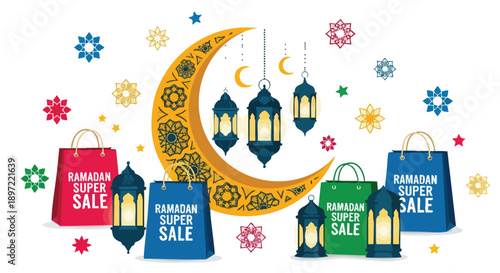 Colorful illustration of crescent moon, lanterns, and shopping bags with Ramadan Kareem and super sale text for festive promotions.