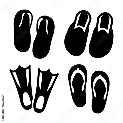 A collection of various footwear icons including flip-flops, slippers, and swim fins