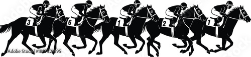 Horse racing silhouette illustration set, jockeys riding thoroughbred horses in fast competition, dynamic equestrian sport action vector figures isolated on white background
