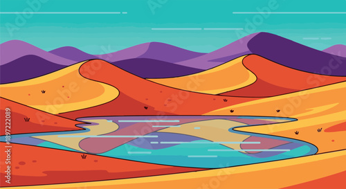 Abstract desert landscape with colorful sand dunes, a small oasis, and purple mountains in a flat vector style.