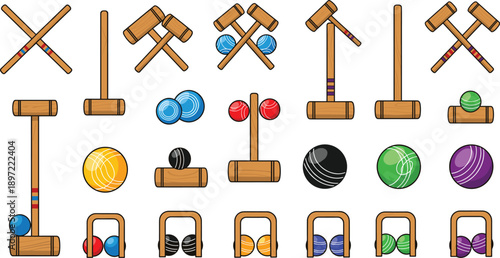 Set of wooden croquet game equipment illustrations with mallets, balls, wickets, and goals, cartoon style vector elements for outdoor sports and leisure