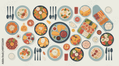 Assorted Dishes and Utensils on Table.